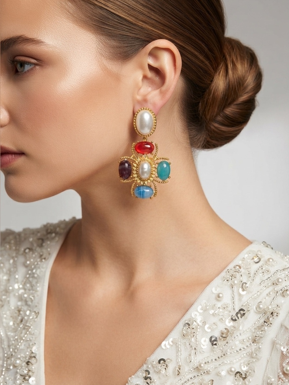 Gold Tone Multicolor Maltese Cross Drop Earrings